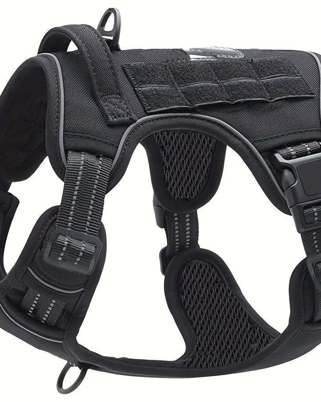 Military-style polyester vest for dogs with adjustable straps and reflective design.