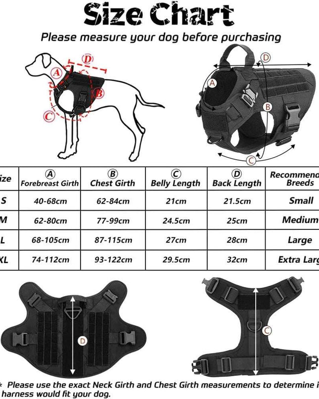 Size chart for Nylon Camouflage Dog Harness with measurements, adjustable straps, and recommended breeds.
