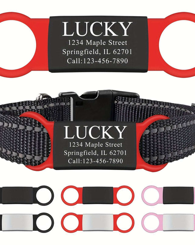 Customized stainless steel engraved pet nameplate attached to a collar.