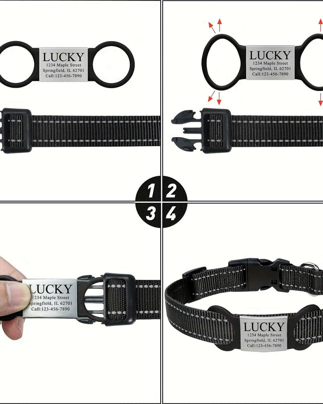 Customized stainless steel engraved nameplate for pets on a collar, showing clear engraving with pet name and contact information.