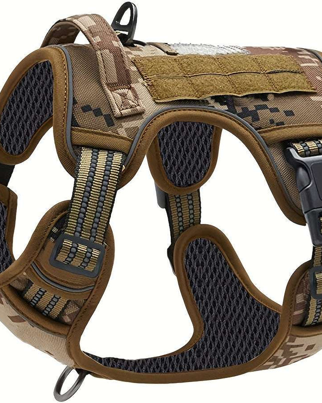 Military-style polyester dog vest with reflective design and no-pull capability.