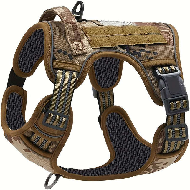 Military-style polyester dog vest with reflective design and no-pull capability.
