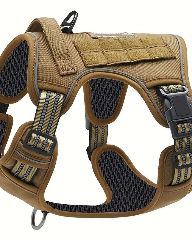 Military-style polyester dog vest with reflective design and control handle.