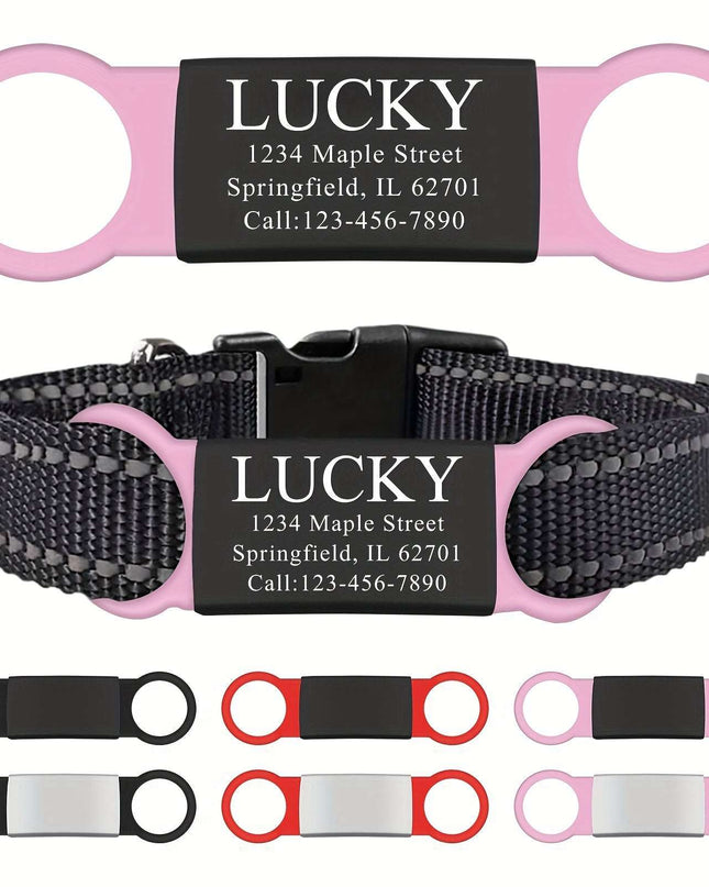 Customized stainless steel engraved nameplate for pets on colorful collars, displaying pet's name and contact info.