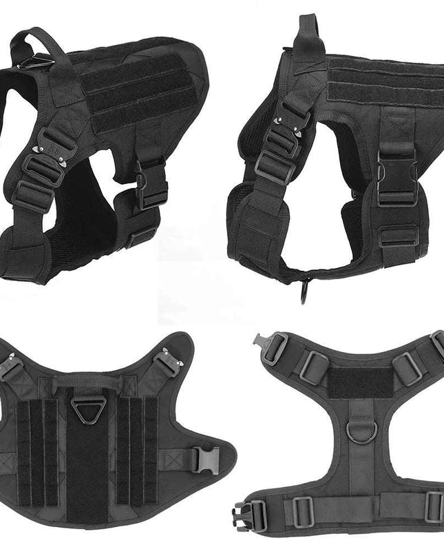 Nylon Camouflage Dog Harness with adjustable straps and quick-release buckles for outdoor adventures.
