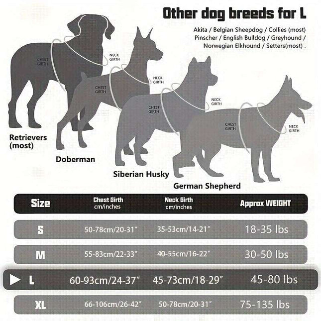 Size chart for military-style polyester vest for dogs showing breed examples and measurements for sizes S, M, L, and XL.
