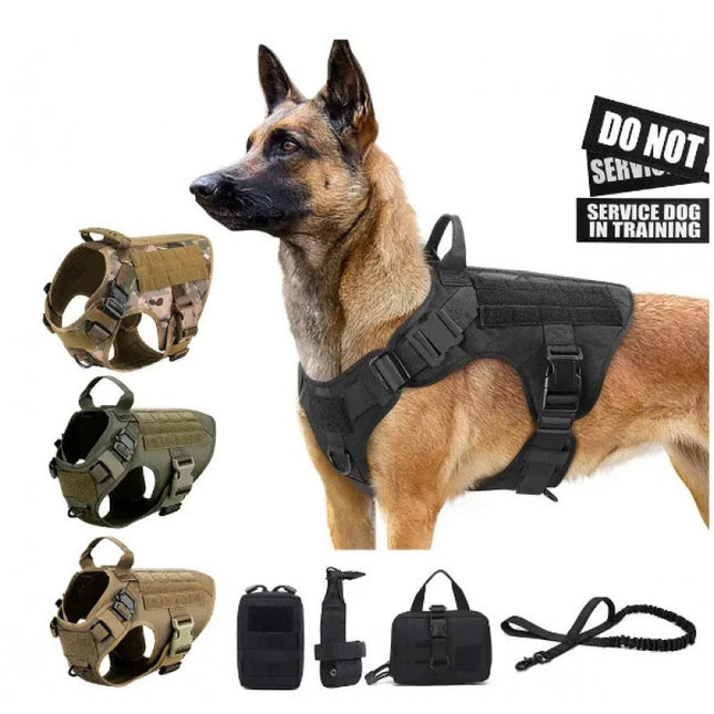 Nylon camouflage dog harness with adjustable straps, quick-release buckles, and soft padding for comfort during outdoor adventures.