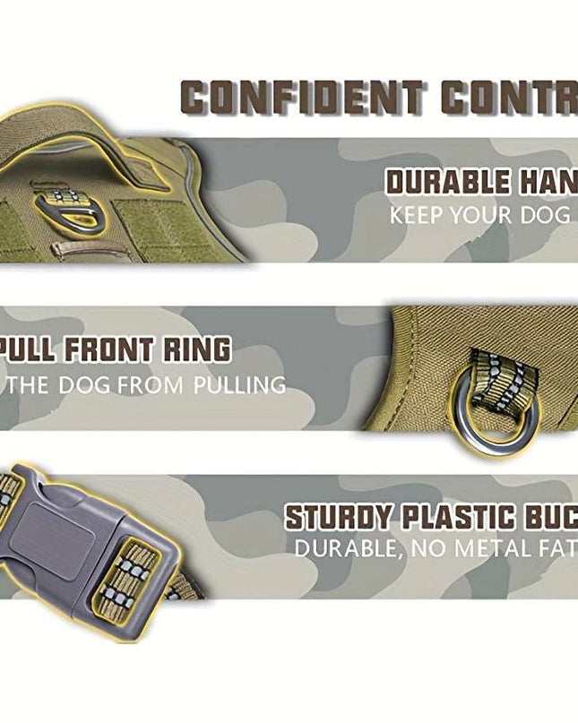 Military-style polyester dog vest features durable handle, no-pull front ring, and sturdy plastic buckle.