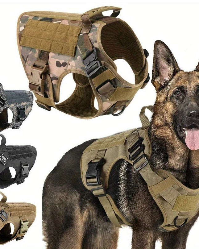 Nylon camouflage dog harness on a German Shepherd with adjustable straps and durable design.
