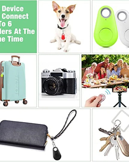 Pet Smart GPS Tracker Mini Anti-Lost Bluetooth Locator for pets, kids, and valuables, showing attachment examples and Bluetooth connectivity.