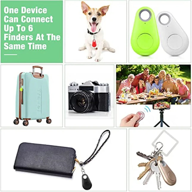 Pet Smart GPS Tracker Mini Anti-Lost Bluetooth Locator for pets, kids, and valuables, showing attachment examples and Bluetooth connectivity.