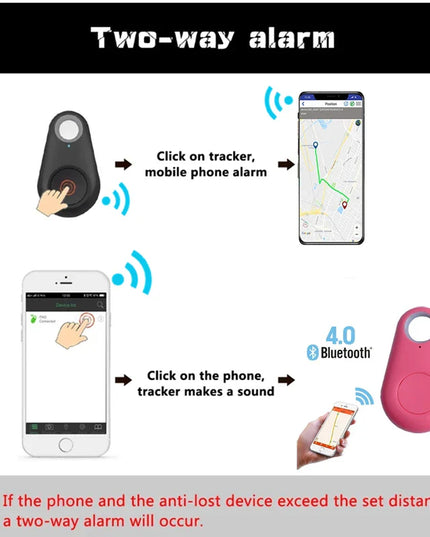 Two-way alarm feature of Pet Smart GPS Tracker Mini Anti-Lost Bluetooth Locator with smartphone connectivity illustration.