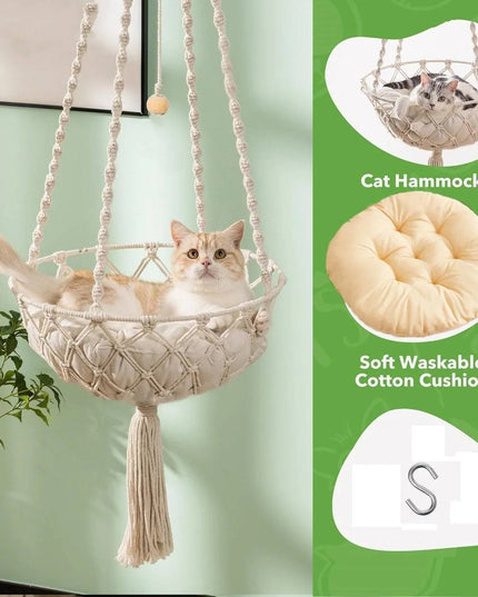 Boho handwoven cat hammock swing with tassels and cotton mat for lounging.