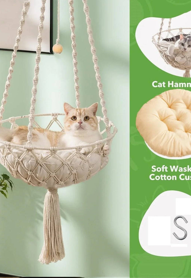 Boho handwoven cat hammock swing with tassels and cotton mat for lounging.
