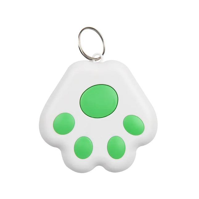 Smart Mini GPS Tracker pet locator device with green paw print design and key ring attachment.