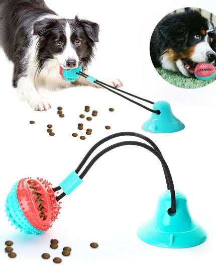Dog playing with interactive teething rope toy for aggressive chewers, featuring suction cup base and durable TPR material.