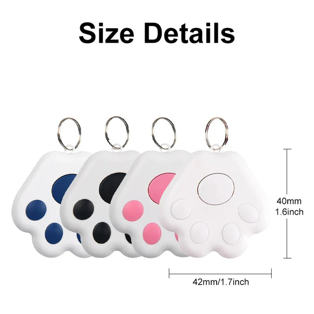 Smart Mini GPS Tracker size details for key, kids, bag, or pet locator device, showing four paw-shaped Bluetooth trackers in various colors with dimensions.