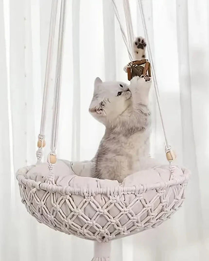 Cat lounging in a handwoven boho hammock swing with cotton mat, perfect for relaxation and play.