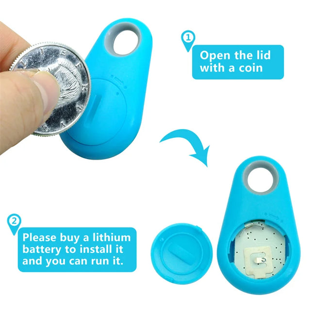Blue Pet Smart GPS Tracker showing battery compartment and installation instructions.