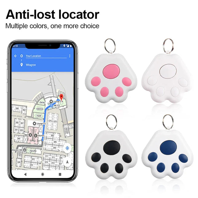 Smart Mini GPS Tracker device with a paw print design in multiple colors shown alongside a smartphone map app.