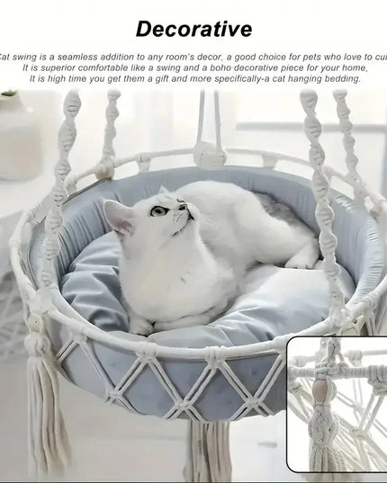 Cat hammock hanging bed with boho style and cotton mat, featuring a handwoven design with tassels, perfect for lounging and play.