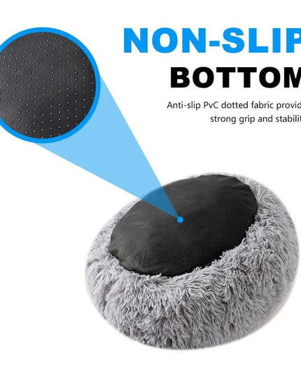Fluffy pet bed with non-slip bottom, available in 40-100cm sizes, offering comfort and stability for dogs and cats.
