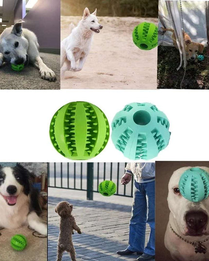 Interactive dog food ball toy made of durable rubber for promoting healthy chewing and dental hygiene in dogs and cats.