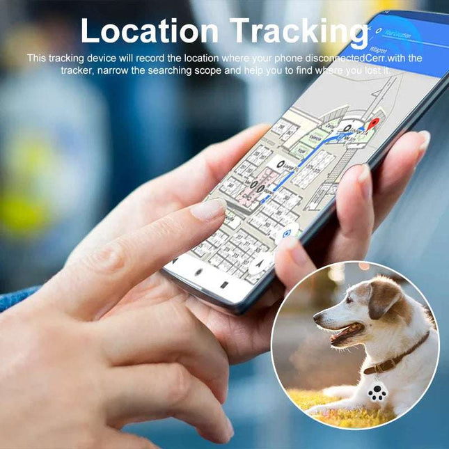 Smart Mini GPS Tracker for keys, kids, pets; location seen on smartphone.