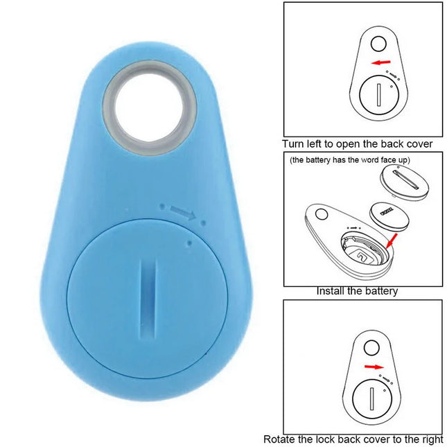 Pet Smart GPS Tracker Mini Anti-Lost Bluetooth Locator in blue with battery installation guide.