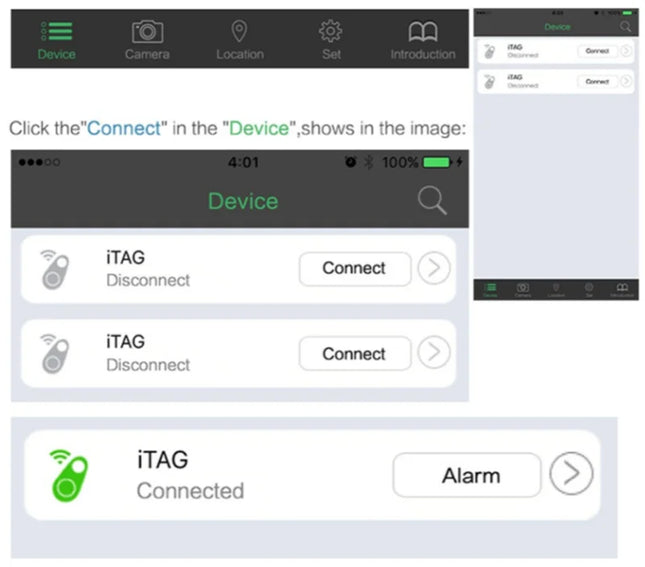 Pet Smart GPS Tracker app interface for Bluetooth connectivity and alert settings.