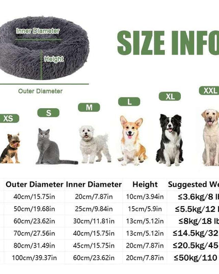Size chart for 40-100cm Fluffy Beds for Dogs & Cats with dimensions, suggested weights, and images of different pets.