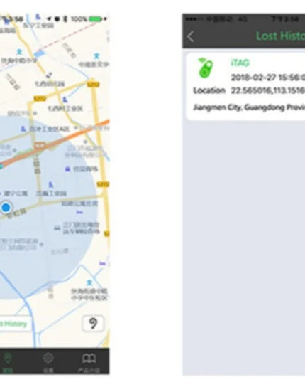 Map interface of Pet Smart GPS Tracker app showing real-time location and lost history features.