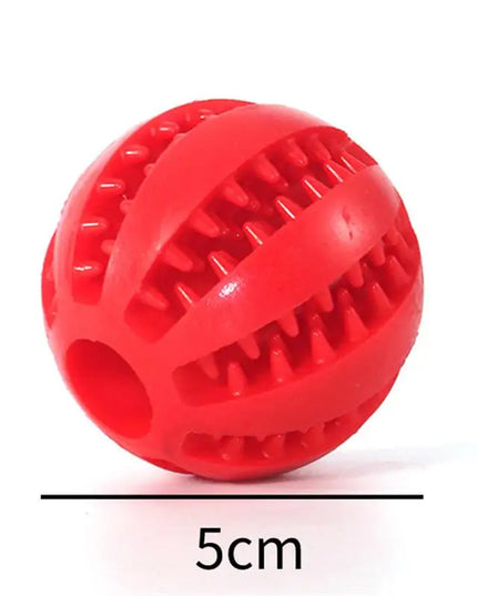 Interactive red rubber dog food ball toy for dental health, 5cm.