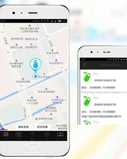 Pet Smart GPS Tracker on smartphone screens showing real-time tracking and history.