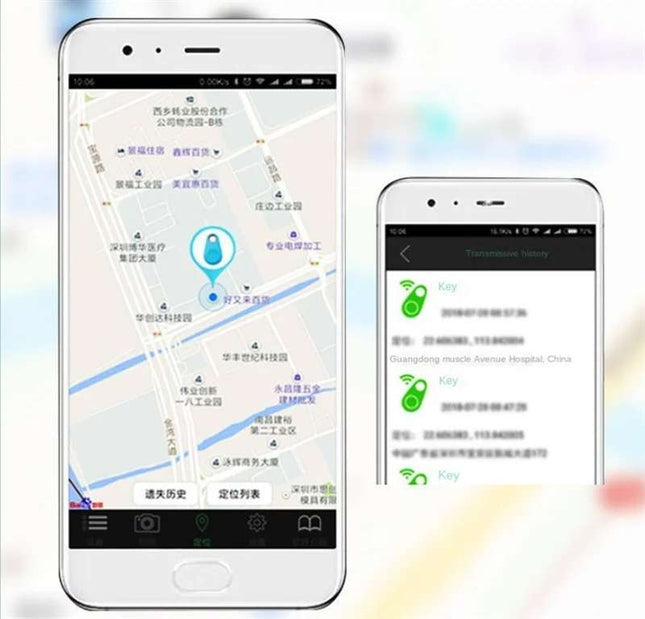 Pet Smart GPS Tracker on smartphone screens showing real-time tracking and history.
