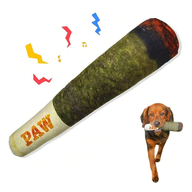 Funny interactive dog toy with cigar design, plush material, and squeaker for engaging play.