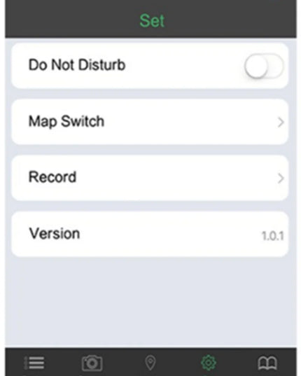 Pet Smart GPS Tracker mobile app interface showing settings options like Do Not Disturb and Map Switch.