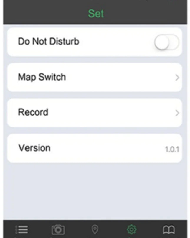 Pet Smart GPS Tracker mobile app interface showing settings options like Do Not Disturb and Map Switch.