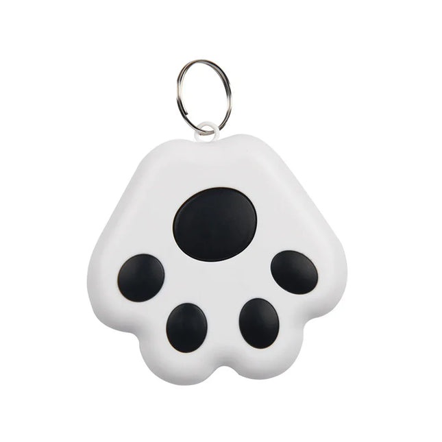 Smart Mini GPS Tracker for keys, kids, and pets, white paw design.