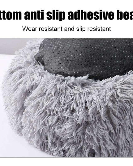 Fluffy grey pet bed with anti-slip base, available in 40-100cm sizes.