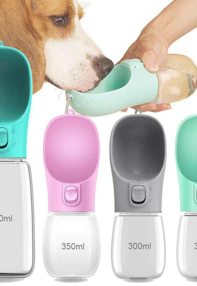 Water bottle for pet dogs in various colors and sizes, designed for easy outdoor hydration.