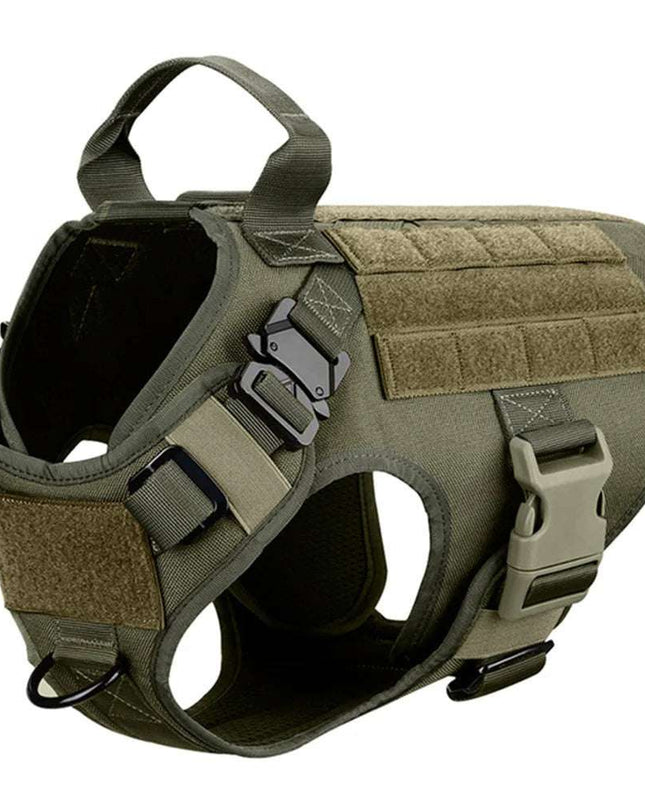 Nylon Camouflage Dog Harness with adjustable straps and quick-release buckles, designed for outdoor adventures.