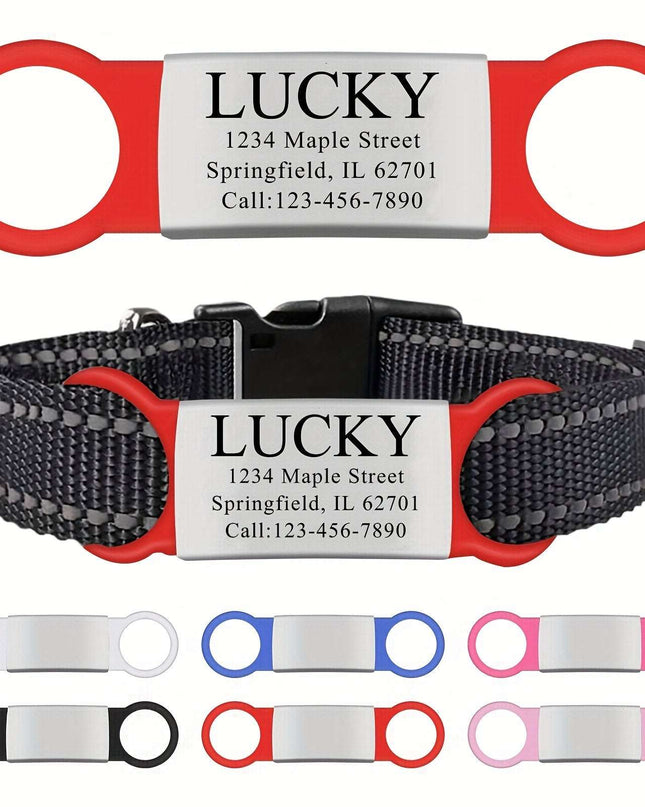 Customized stainless steel engraved pet nameplate with collar attachment.