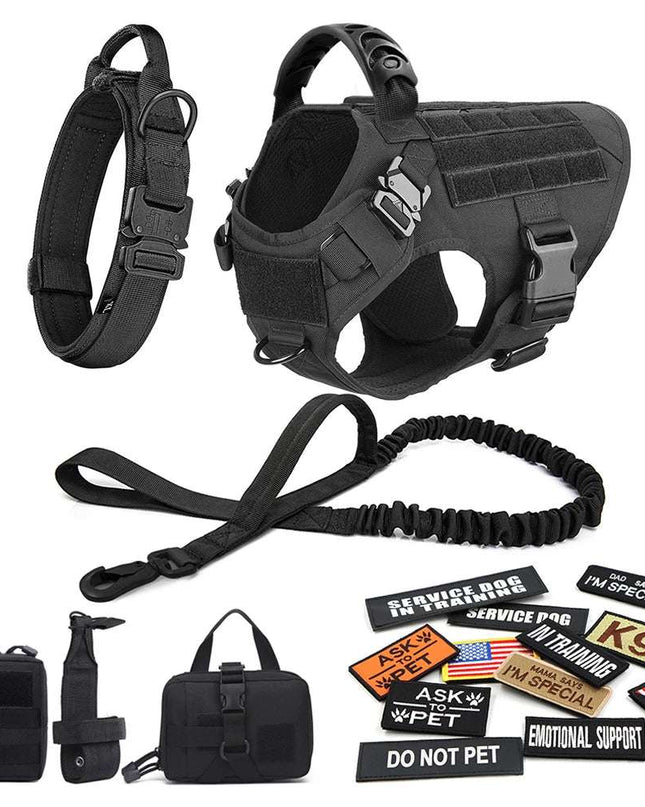 Ultimate Tactical Dog Gear Set with harness, leash, and patches for training and safety.
