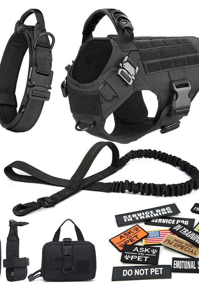 Ultimate Tactical Dog Gear Set with harness, leash, and patches for training and safety.